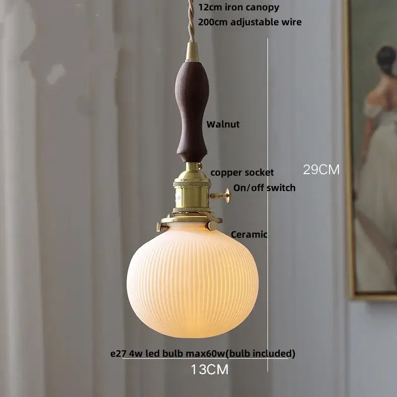 Ribbed glass and walnut ceramic led pendant lamp dining room