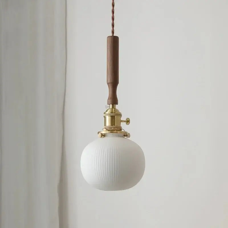 Ribbed glass and walnut ceramic led pendant lamp dining room