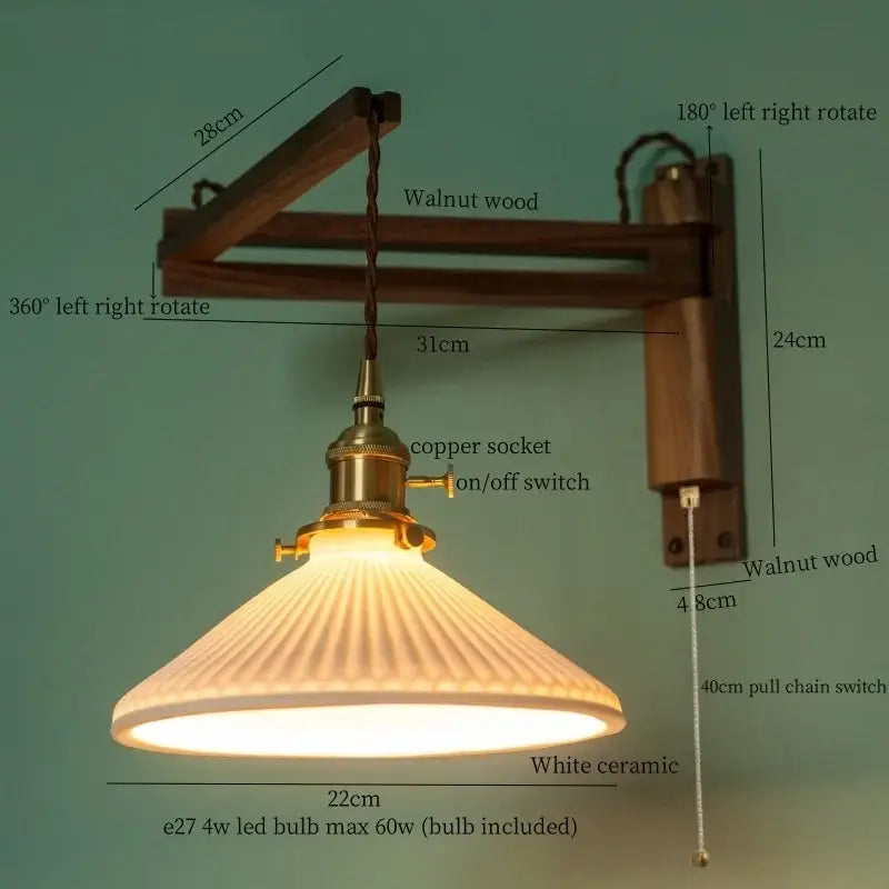 Ribbed glass and walnut wall sconce bedroom led light