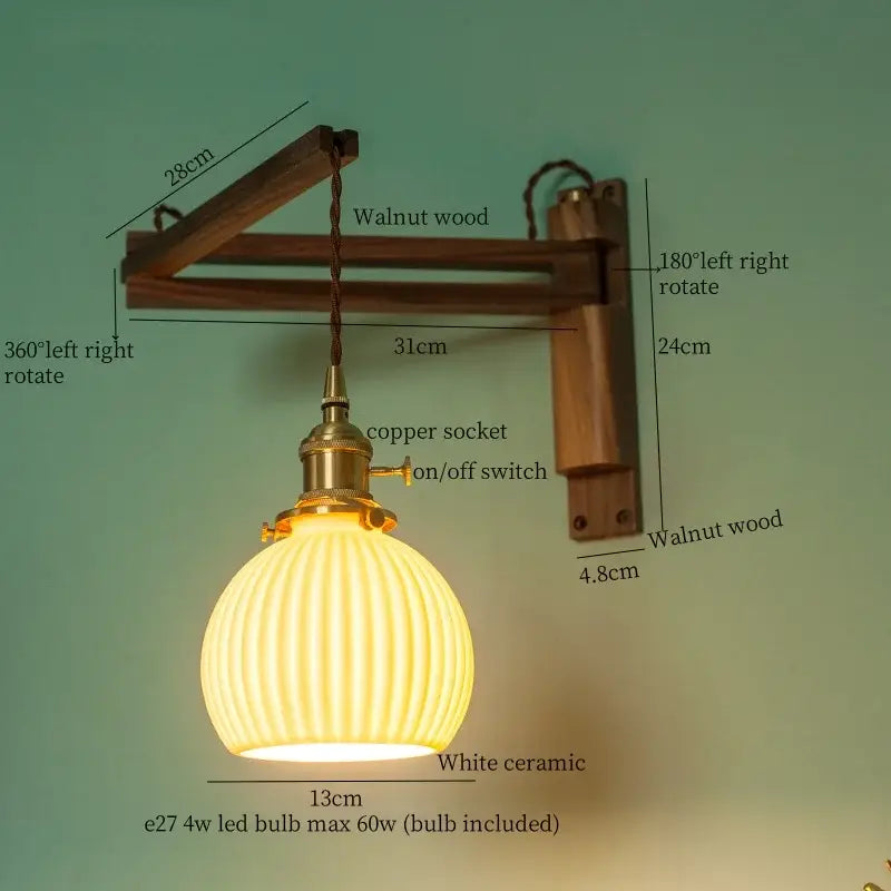 Ribbed glass and walnut wall sconce bedroom led light