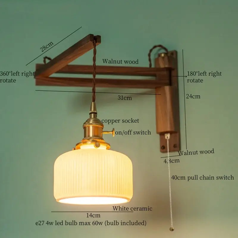 Ribbed glass and walnut wall sconce bedroom led light