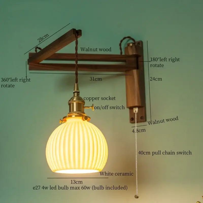 Ribbed glass and walnut wall sconce bedroom led light