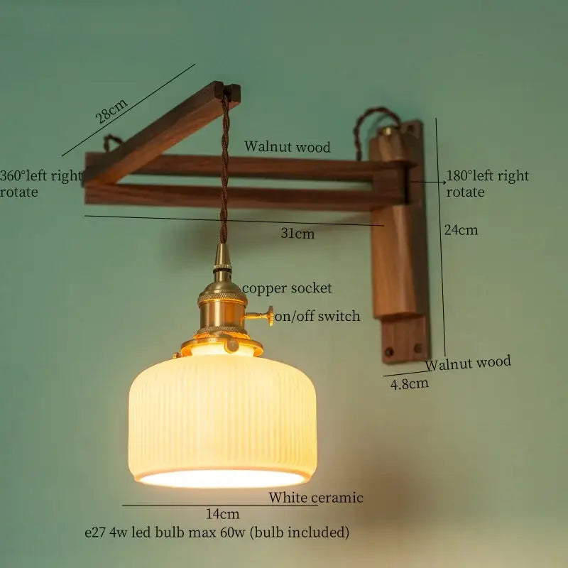 Ribbed glass and walnut wall sconce bedroom led light