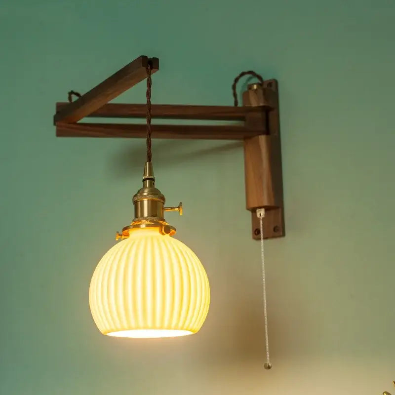 Ribbed glass and walnut wall sconce bedroom led light
