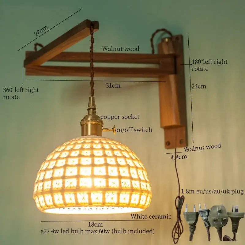 Ribbed glass and walnut wall sconce bedroom led light