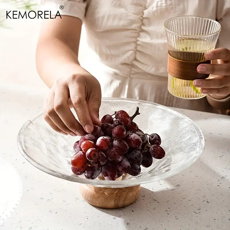 Ribbed glass fruit plate with wooden base for living room dining room