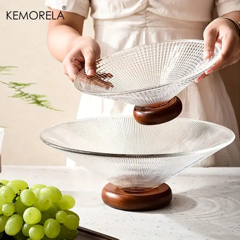 Ribbed glass fruit plate with wooden base for living room dining room