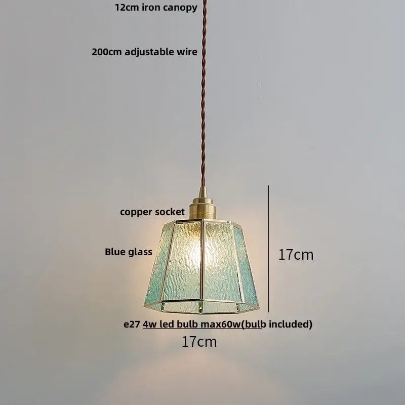 Ribbed teal blue glass led pendant light for dining room