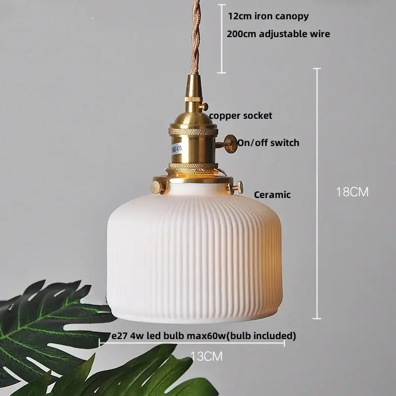 Ribbed white ceramic pendant light fixture kitchen brass knob switch