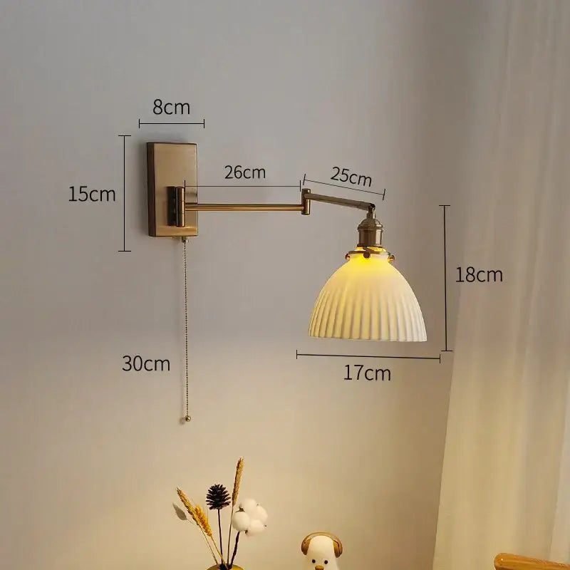Ribbed yellow ceramic brass swing arm wall sconce bedroom light