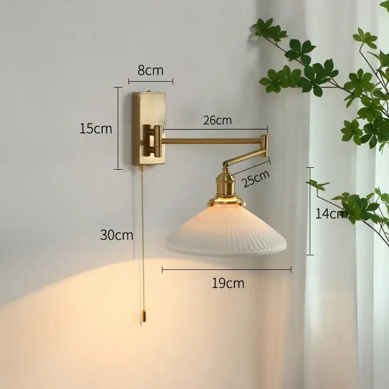 Ribbed yellow ceramic brass swing arm wall sconce bedroom light