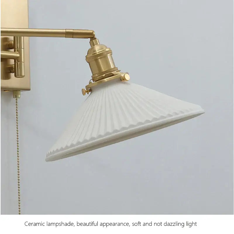 Ribbed yellow ceramic brass swing arm wall sconce bedroom light