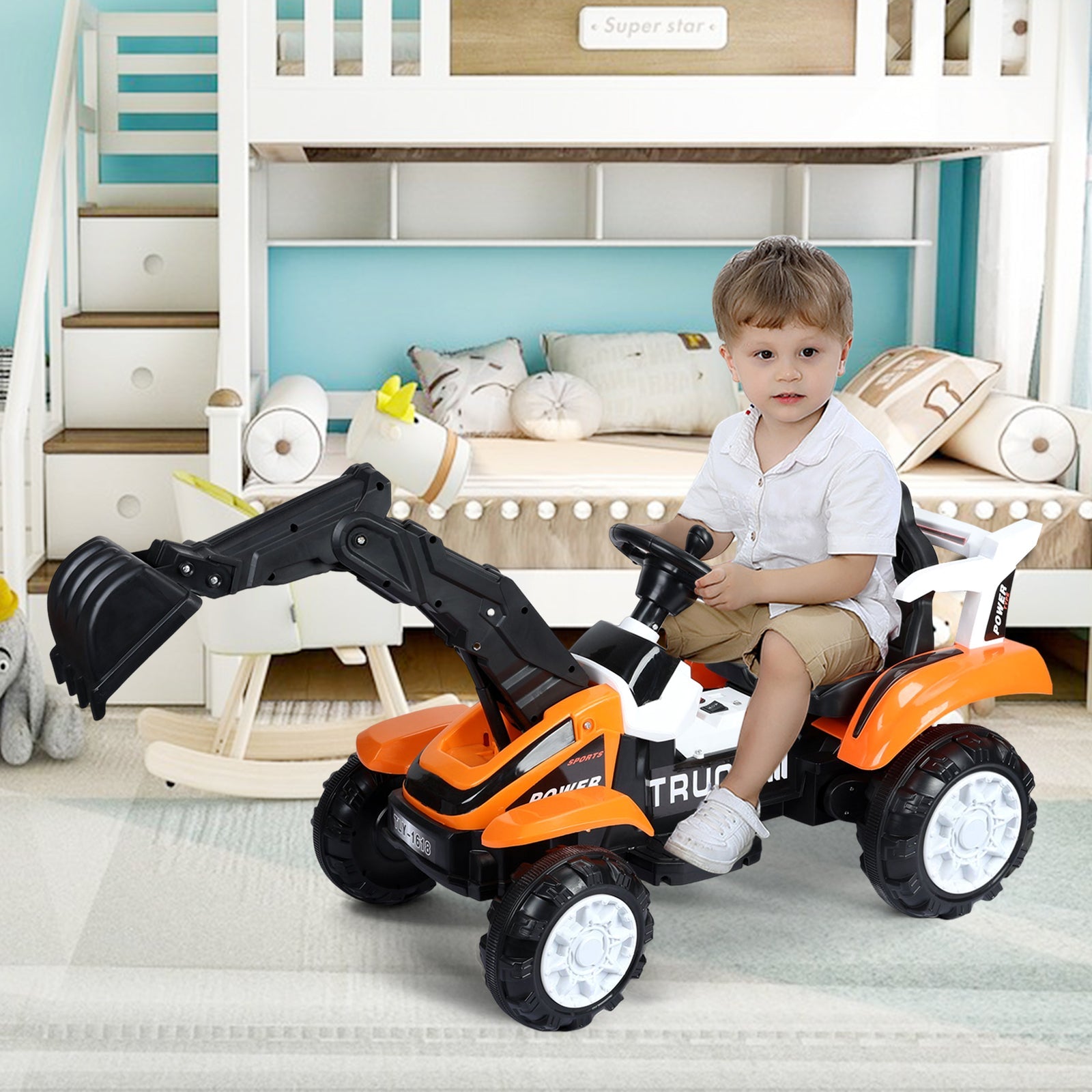 Electric Ride-On Excavator Digger with Motorized Arm and Music Sounds Construction Vehicle