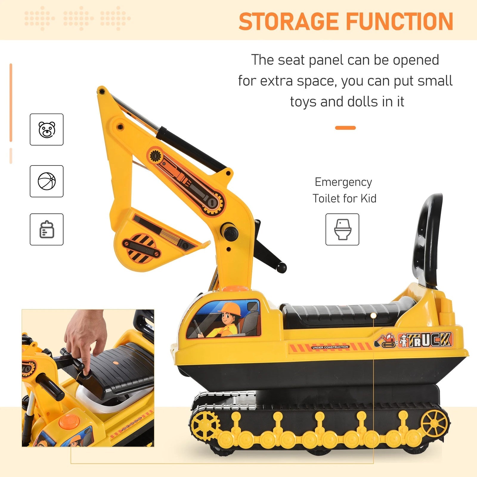 Movable Ride-On Excavator Toy Tractor Digger Scooter Walker for Toddler Pretend Play