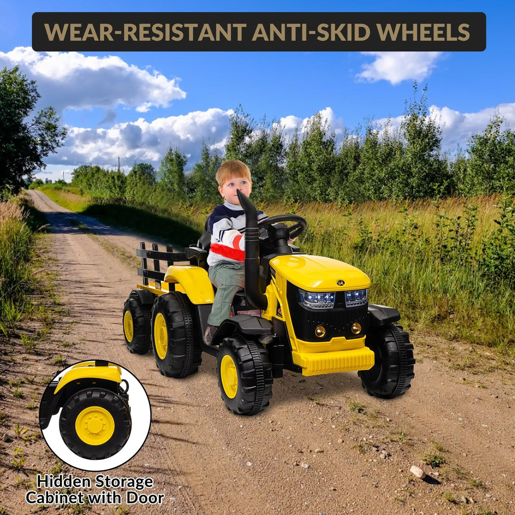 12V Electric Ride-On Tractor with Trailer for Kids, Battery Powered Vehicle