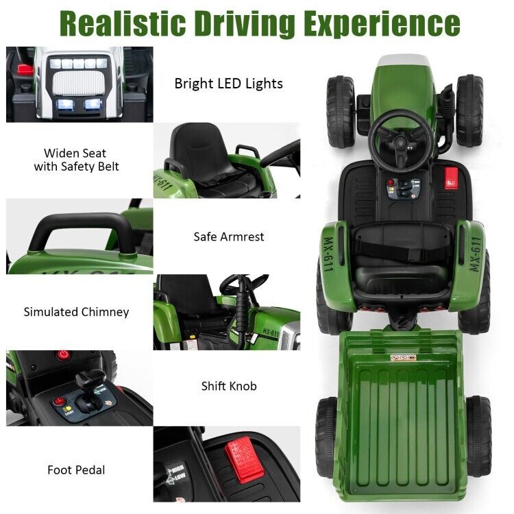 Ride-On Tractor with Trailer and Remote Control for Kids 3+ Years with Lights