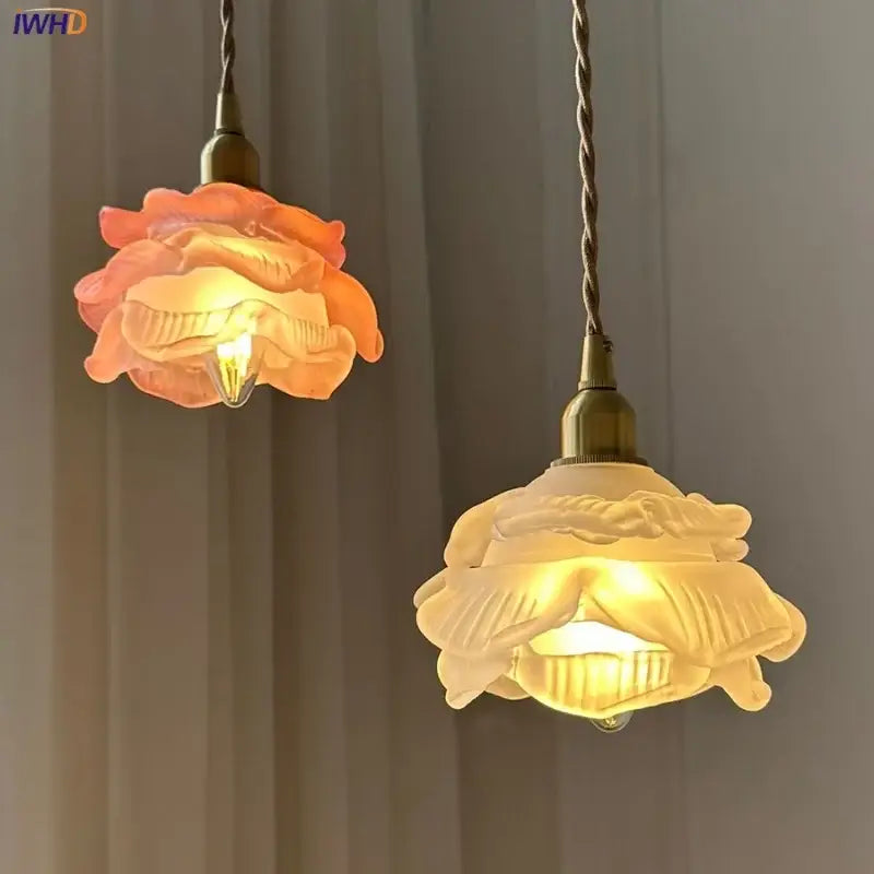 Rose and white glass knob switch pendant light bedroom lamp
