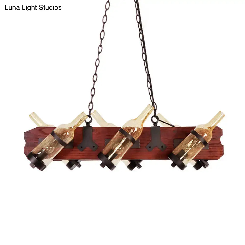 Rustic amber glass island lamp with brown wood arm dining room light