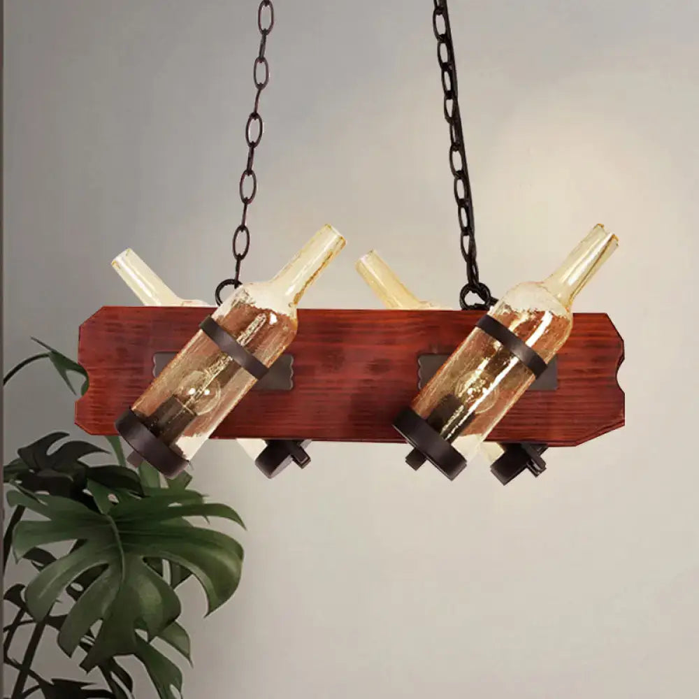 Rustic amber glass island lamp with brown wood arm dining room light