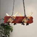 Rustic amber glass island lamp with brown wood arm dining room light