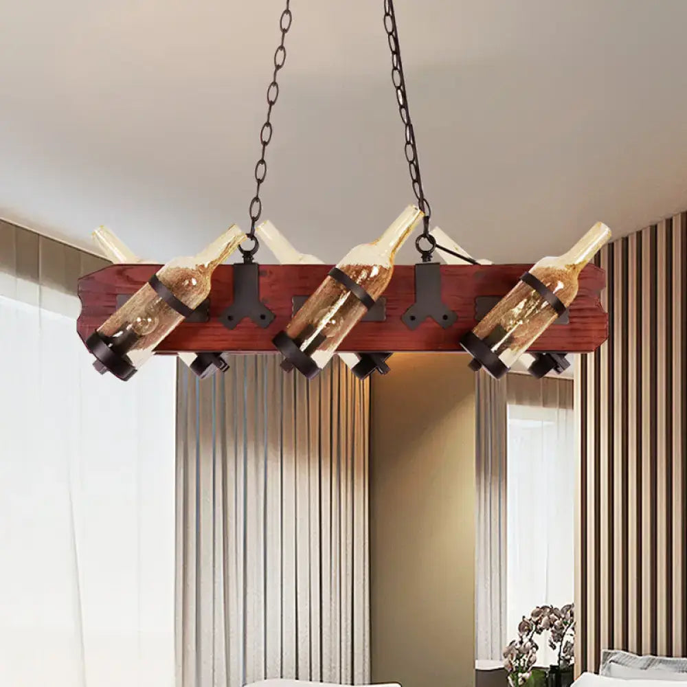 Rustic amber glass island lamp with brown wood arm dining room light
