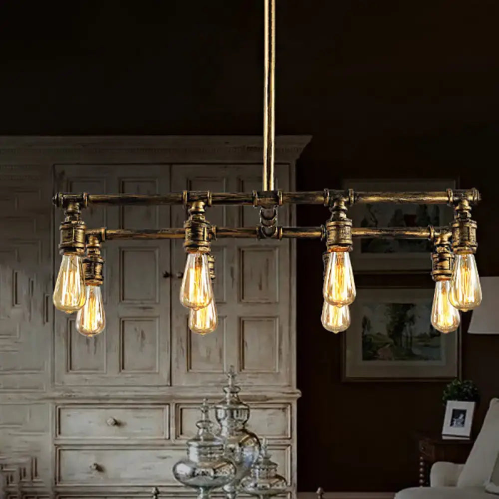 Rustic antique brass kitchen island pendant light with 8 pipe lights