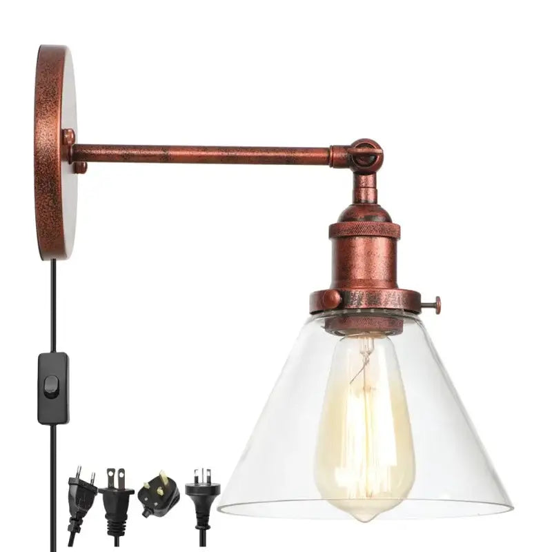 Rustic antique copper clear glass wall sconce bedroom plug in light