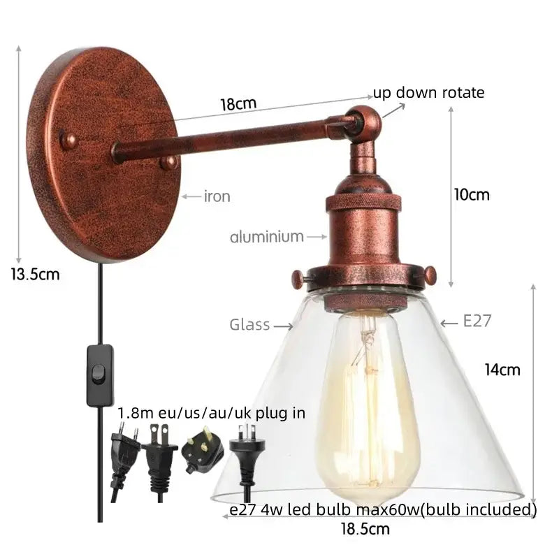 Rustic antique copper clear glass wall sconce bedroom plug in light