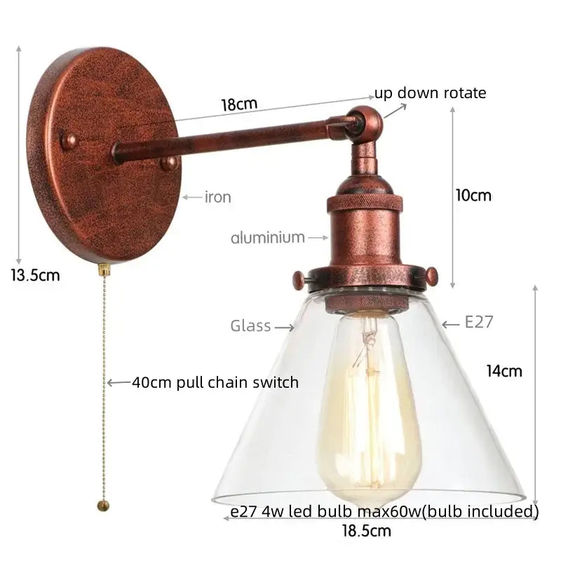 Rustic antique copper clear glass wall sconce bedroom plug in light