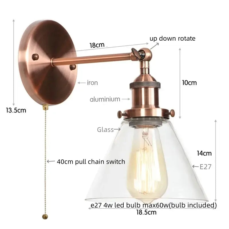 Rustic antique copper clear glass wall sconce bedroom plug in light