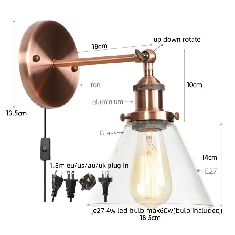 Rustic antique copper clear glass wall sconce bedroom plug in light