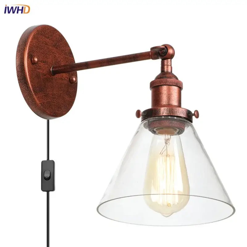 Rustic antique copper clear glass wall sconce bedroom plug in light
