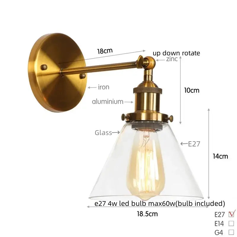 Rustic antique copper clear glass wall sconce bedroom plug in light