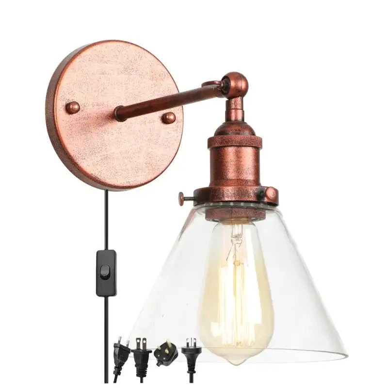 Rustic antique copper clear glass wall sconce bedroom plug in light