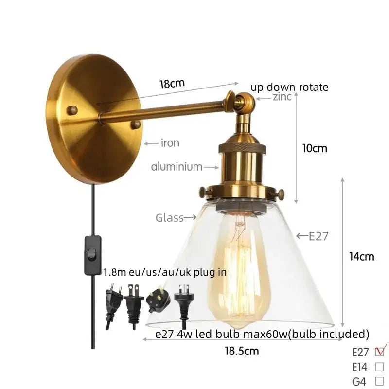 Rustic antique copper clear glass wall sconce bedroom plug in light