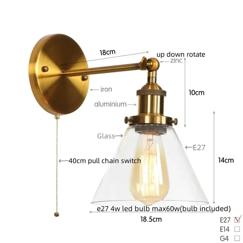 Rustic antique copper clear glass wall sconce bedroom plug in light