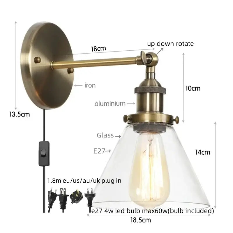 Rustic antique copper clear glass wall sconce bedroom plug in light