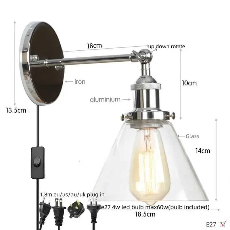 Rustic antique copper clear glass wall sconce bedroom plug in light