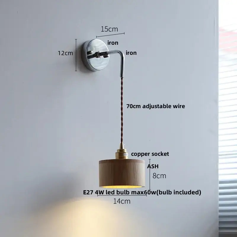 Rustic ash wood led wall light with pull chain – bedroom lamp