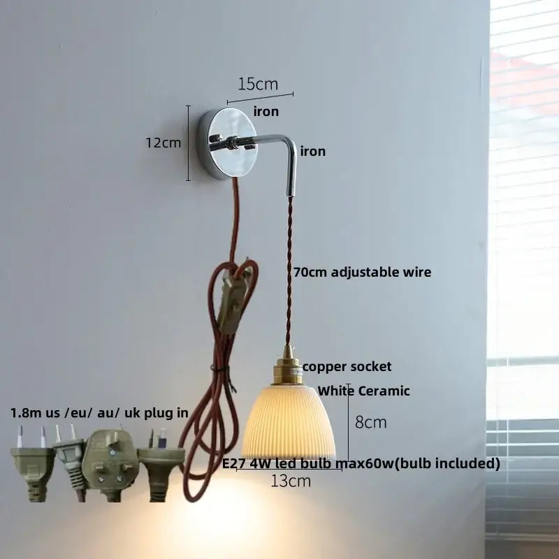Rustic ash wood led wall light with pull chain – bedroom lamp
