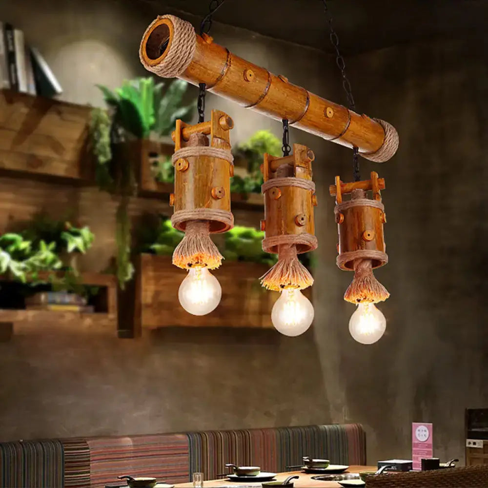 Rustic bamboo 3 light pendant with rope chain cord – dining room