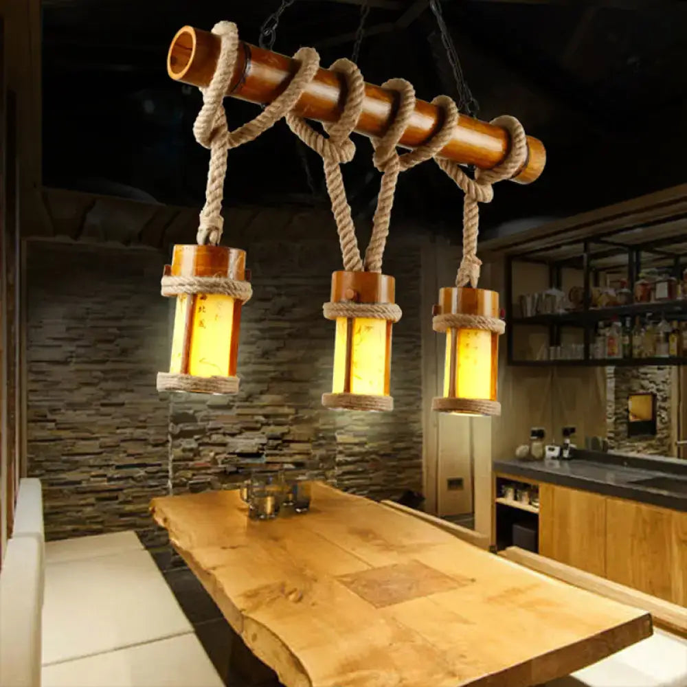 Rustic bamboo triple glass ceiling light kitchen wood tone pendant