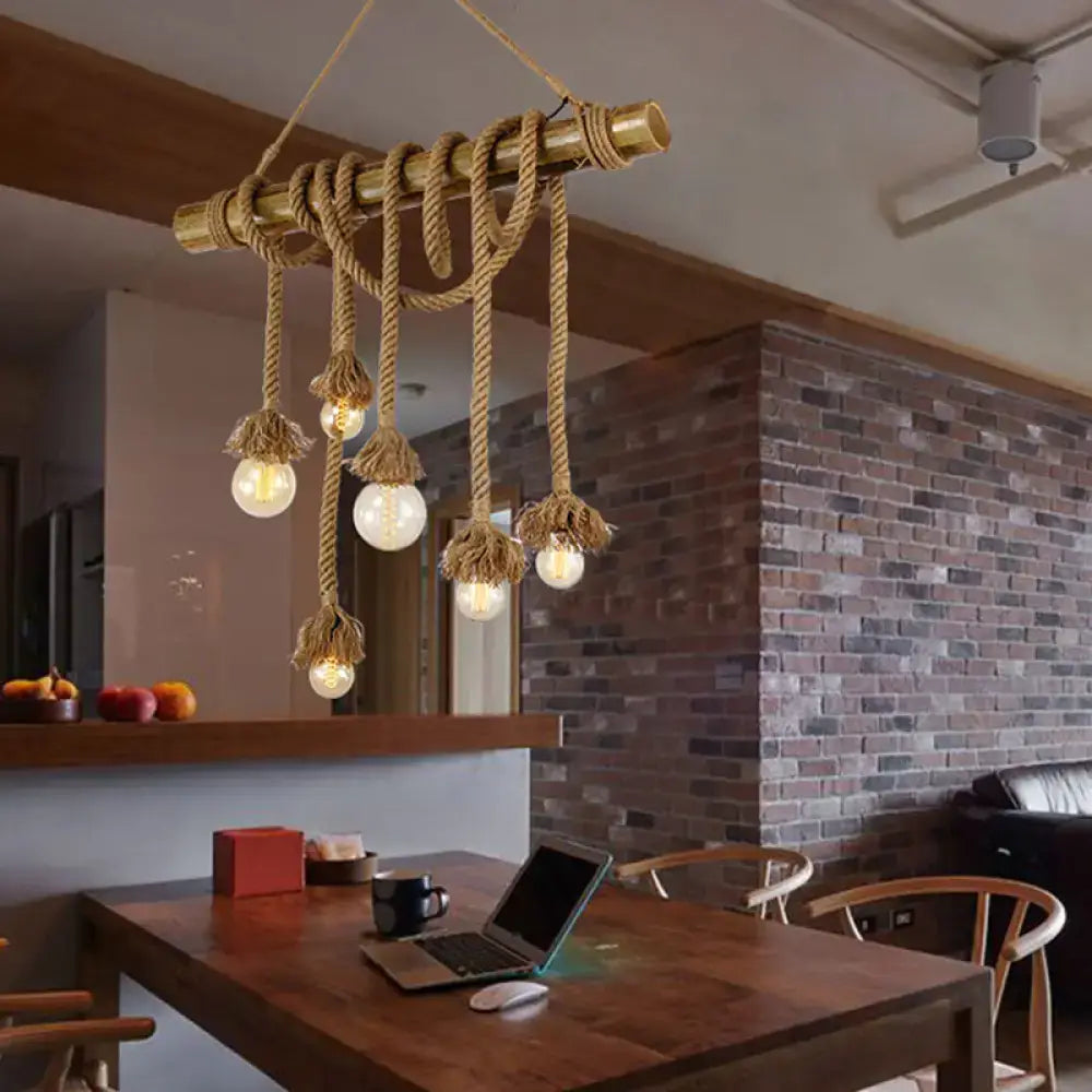 Rustic beige rope island light bamboo kitchen pendant