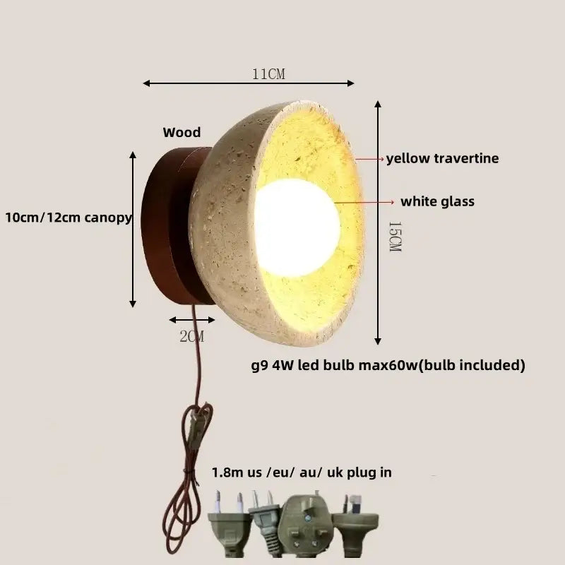 Rustic beige travertine base led wall light bedroom sconce