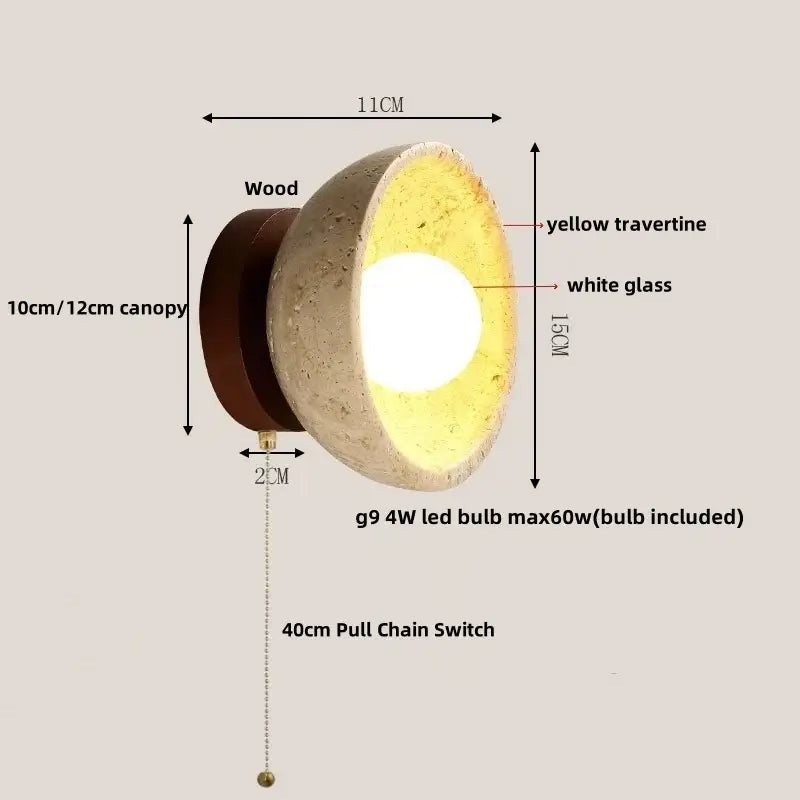 Rustic beige travertine base led wall light bedroom sconce