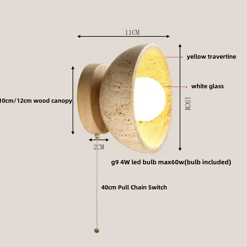 Rustic beige travertine base led wall light bedroom sconce