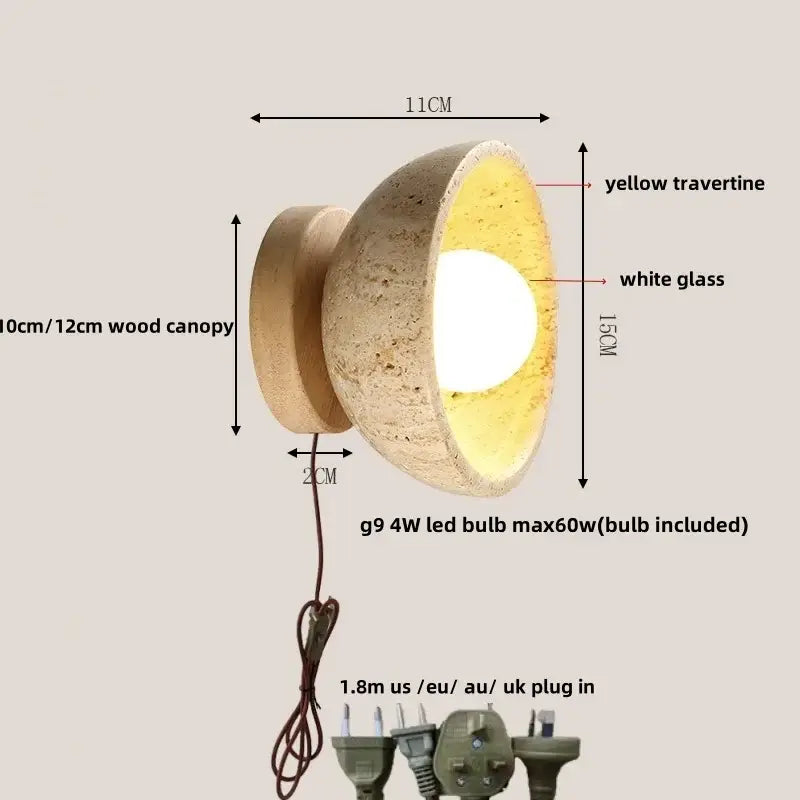 Rustic beige travertine base led wall light bedroom sconce