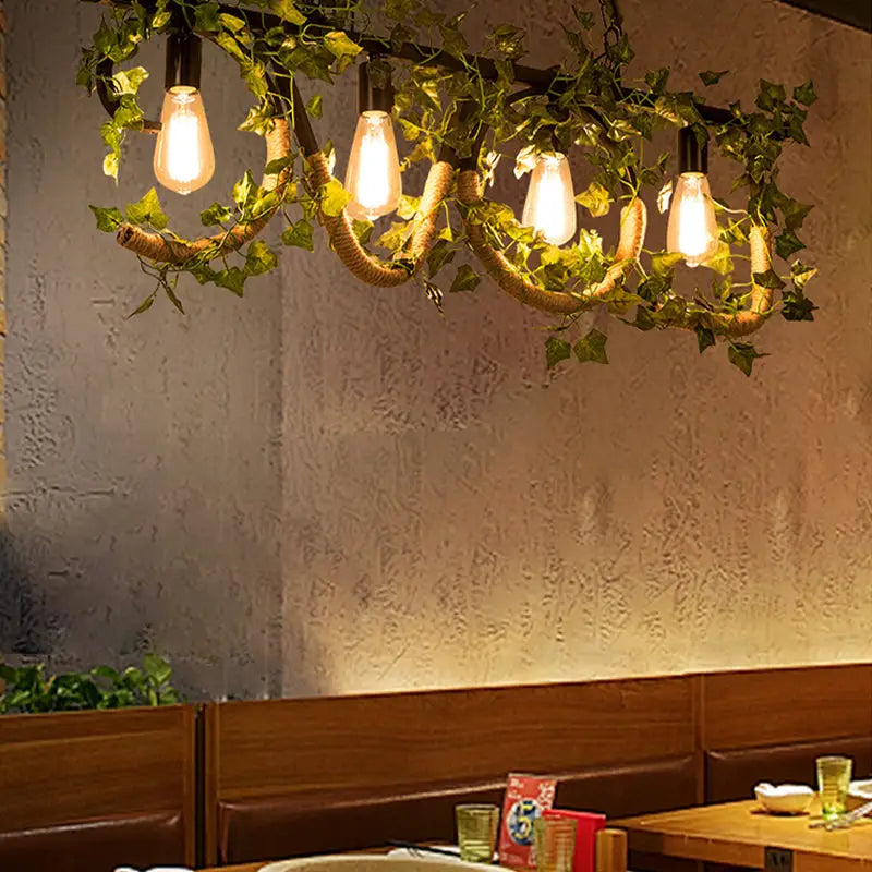 Rustic black linear island lamp with ivy – kitchen hanging light