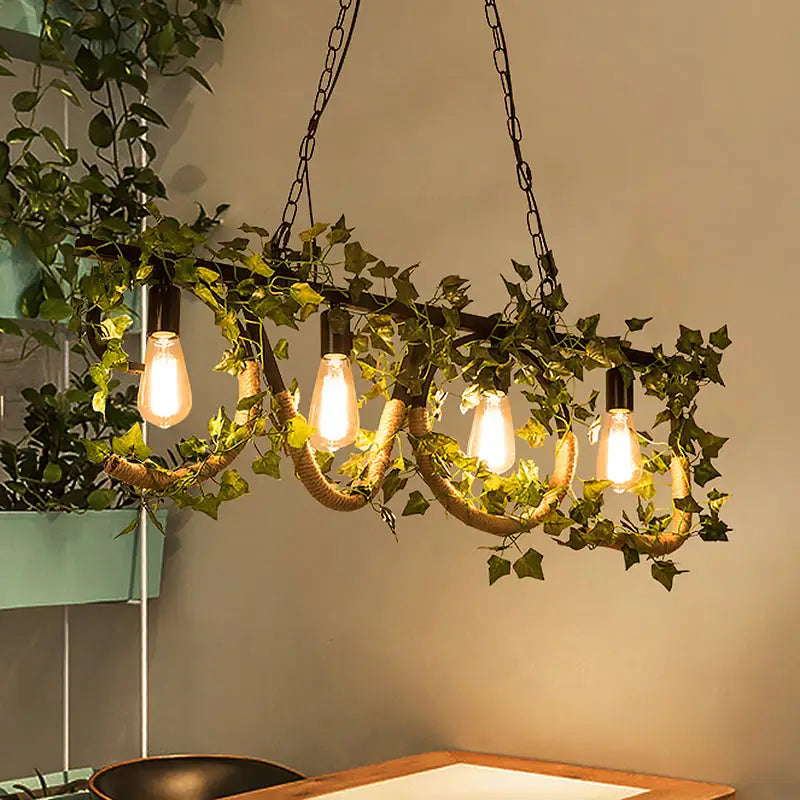 Rustic black linear island lamp with ivy – kitchen hanging light