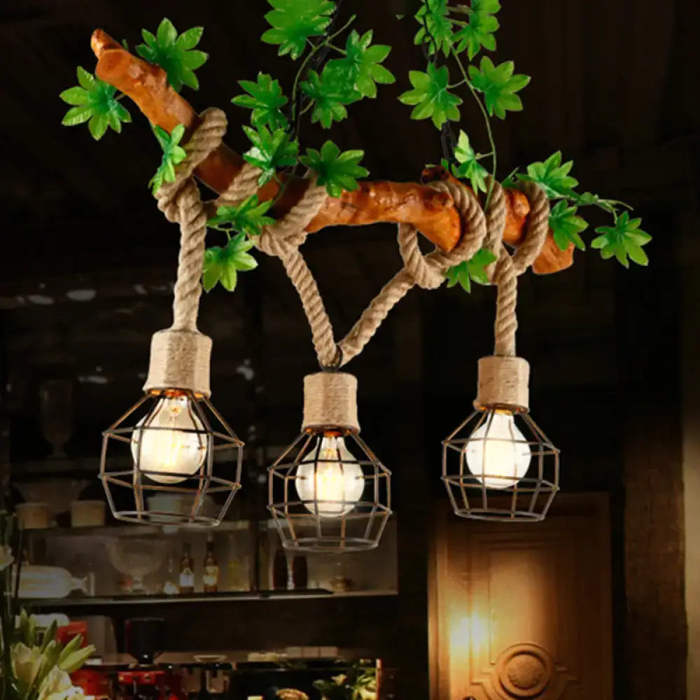 Rustic branch and leaf cage pendant light fixture kitchen chandelier